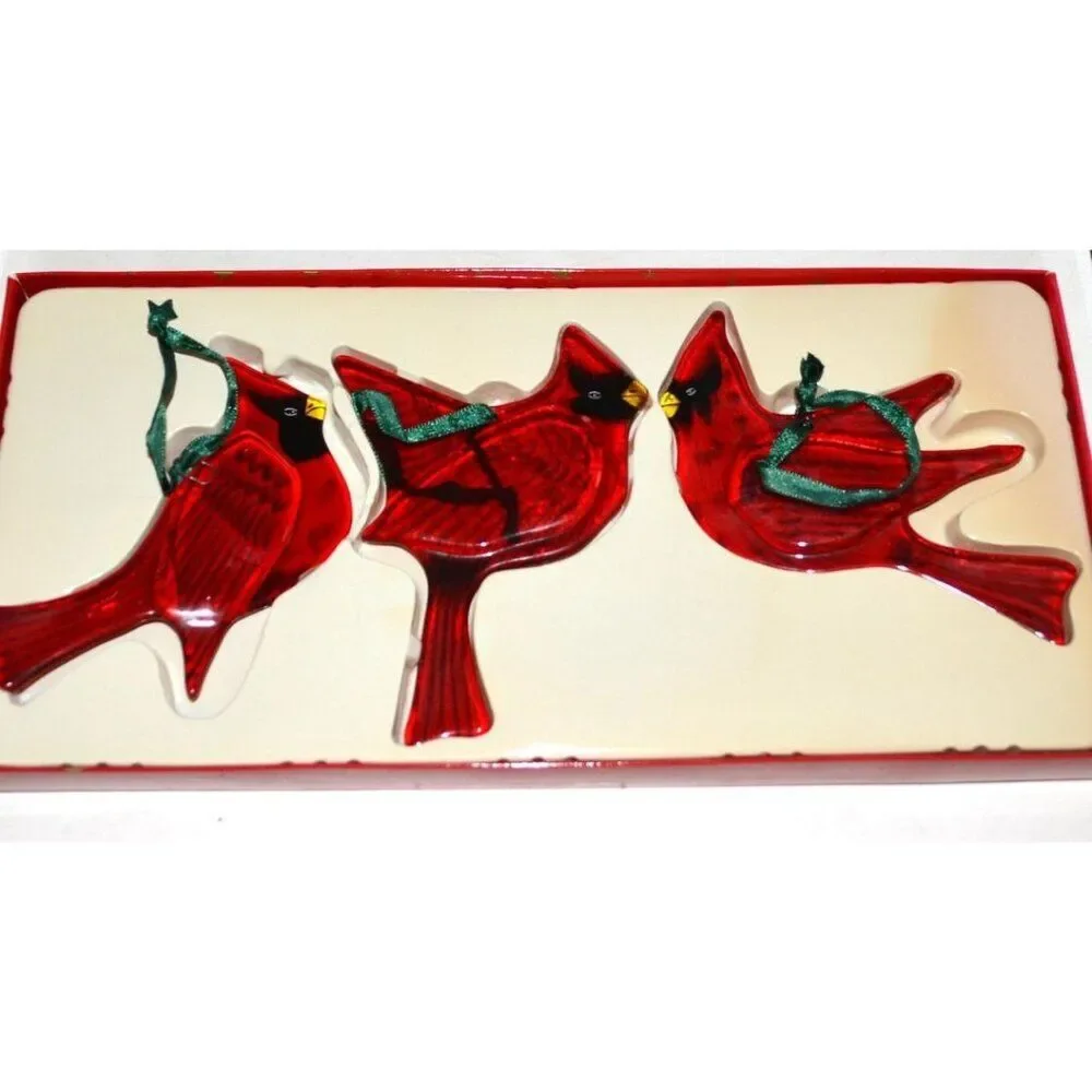Set Of 3 Red Cardinals Christmas Tree Ornaments In Box Unbranded